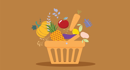 Flat design illustration of a shopping basket filled with assorted fruits and vegetables, symbolizing healthy eating, grocery shopping, and fresh produce in a colorful, clean, and vibrant style.