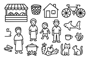Namibian Market and Marine Life. Hand-drawn doodle illustration Namibian everyday life market stall, basket, bicycle, house, woman