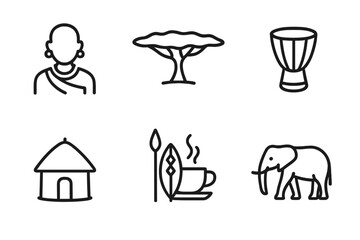 Kenyan Culture Icons. Outline icon set of Kenyan culture: Maasai warrior, Acacia tree, Safari hat, African drum, Traditional hut,