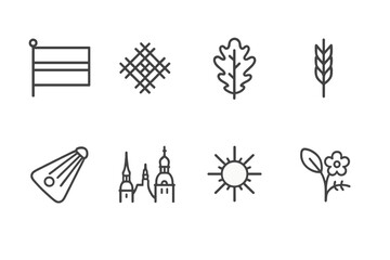 Fototapeta premium Cultural Symbol Icons. Outline icon set of Latvian symbols: national flag, folk ornament, oak leaf, rye sheaf, kokle instrument,
