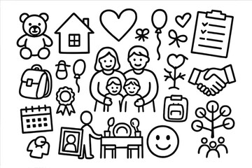 Foster Family Doodle. Hand-drawn doodle illustration foster family care family, children, house, heart, toys, school bag, calendar