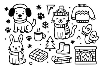 Winter Pets Doodles. Hand-drawn doodle illustration Pets in winter outfits dog with earmuffs, cat with knitted hat, rabbit with