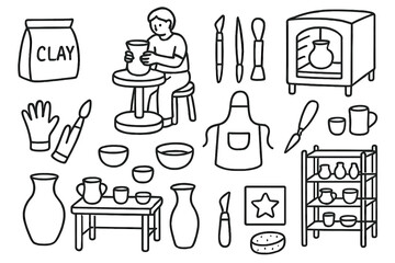Obraz premium Pottery Tools Doodle. Hand-drawn doodle illustration pottery workshop clay, potter’s wheel, sculpting tools, kiln, apron, gloves,