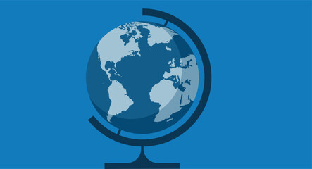 Flat design illustration of a world sphere for geography on a stand, showcasing a world map, symbolizing education, exploration, and global knowledge in a clean, minimalistic style.