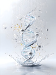 Ethereal DNA Helix: Crystal Structure Molecular Bonds and Water Splash on White.