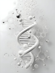 Elegant 3D DNA Strand with Molecular Structures on White Background.