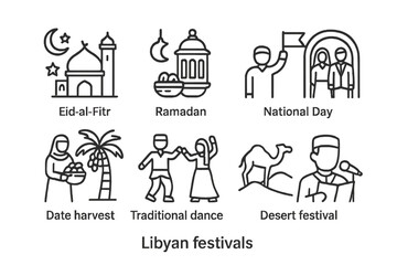 Fototapeta premium Libyan Festivals Icon Set. Outline icon set of Libyan festivals: Eid al-Fitr, Ramadan, National Day, Date harvest, Traditional