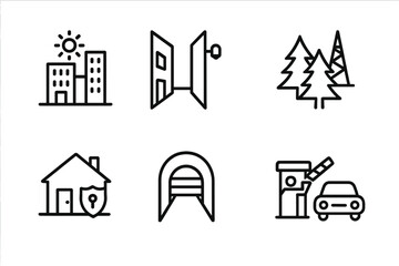Obraz premium Field Agent Icon Set. Outline icon set of field agent environment: urban city, alleyway, forest, rooftop, safe house, underground