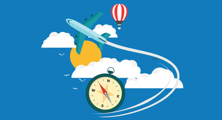 design illustration of flight and travel elements, featuring a compass and hot air balloon, symbolizing adventure, exploration, and wanderlust in a clean, minimalistic style