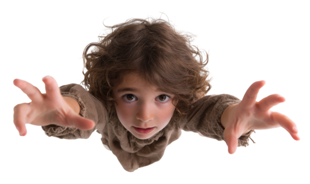 Child floating, reaching hands