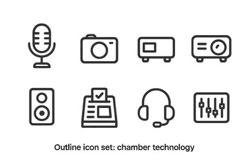 Chamber Technology Icons. Outline icon set of chamber technology: microphone, camera, laptop, projector, speaker, voting machine,