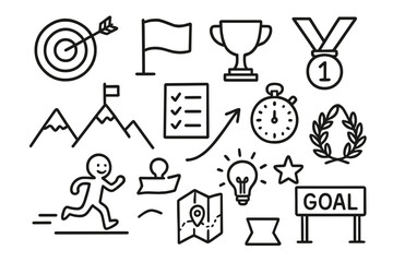 Fototapeta premium Goal Achievement Icons. Hand-drawn doodle illustration challenge goal target, flag, trophy, medal, checklist, mountain, arrow,