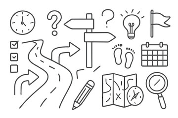 Fototapeta premium Decision Path Icons. Hand-drawn doodle illustration decision path crossroads, arrows, signpost, question mark, light bulb,