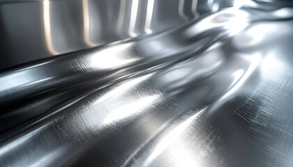 Naklejka premium Reflective metal surface undulating gently under soft lighting, creating a modern and sleek abstract pattern with subtle highlights and shadows.