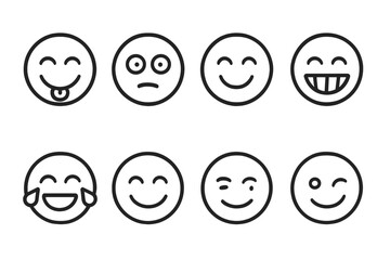 Fototapeta premium Funny Faces Icons. Outline icon set of funny faces: tongue out, eye roll, giggle, silly grin, laughing tears, smile with teeth,