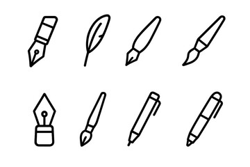 Ink Pen Icon Set. Outline icon set of ink pens: fountain pen, quill pen, calligraphy pen, brush pen, ink nib, dip pen, ink