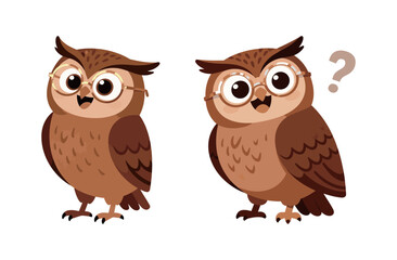 Pair of cute cartoon owl characters with glasses. Wise bird mascot asking a question. Vector illustration isolated on a white background.