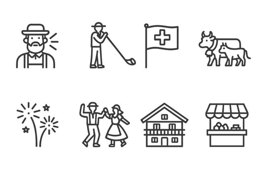 Swiss Festival Icons. Outline icon set of Swiss festivals: yodeling, Alphorn player, Swiss flag, cow parade, fireworks, folk dance