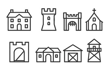 Fototapeta premium Noble House Icons. Outline icon set of noble house architecture: manor house, castle tower, gatehouse, chapel, drawbridge,