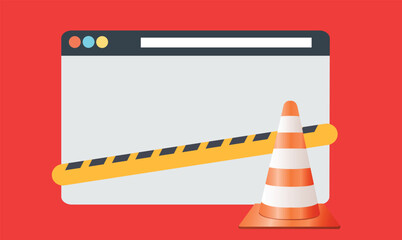 Flat design illustration of a website browser under maintenance, featuring tools, gears, and a web interface, symbolizing technical updates, development, and system repair in a clean modern style.