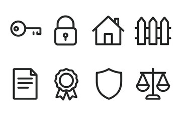 Property Rights Icons. Outline icon set of property rights: key, lock, house, fence, document, seal, shield, scales of justice.
