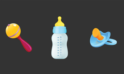 Flat design illustration of baby elements including a sucker, baby bottle, and shaker, symbolizing infant care, essentials, and nurturing in a soft, playful, and minimalist style.