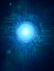 Futuristic Blue Circuit Board with Glowing Central Node High-Tech Design.
