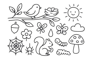 Fototapeta premium Nature Doodles. Hand-drawn doodle illustration branch tree branch, leaves, bird, nest, acorn, flower, butterfly, squirrel,