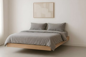 Serene and Modern Minimalist Bedroom Interior with Floating Wooden Bed Frame and Soft Grey Linen Bedding
