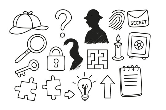 Mystery Detective Doodle. Hand-drawn doodle illustration mystery enigma detective hat, magnifying glass, question mark, shadow,