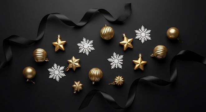 Elegant Christmas Ornaments on Black Background.