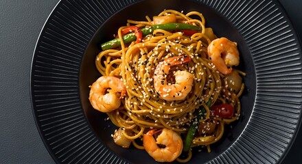 Shrimp Noodles with Vegetables and Sesame Seeds.