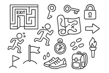 Maze Escape Journey. Hand-drawn doodle illustration maze exit exit door, maze walls, runner, key, lock, map, compass, footprints,
