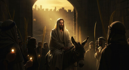 Jesus christ, a man, riding a donkey, making his triumphal entry into Jerusalem. Palm Sunday or Entry of the Lord into Jerusalem. Biblical scene.