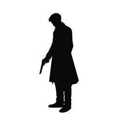 Man holding gun silhouette, standing in coat, isolated black figure for crime, detective, or thriller concept.