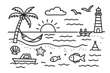 Obraz premium Tropical Sunset Doodle. Hand-drawn doodle illustration tropical sunset by the sea sun setting, palm tree, waves, hammock, boat,