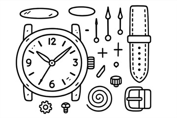Watch Doodle Icons. Hand-drawn doodle illustration bezel watch face, watch hands, crown, dial markers, screws, metal frame, glass