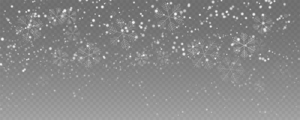 Falling snow overlay with beautiful, detailed snowflakes. Vector illustration for winter, Christmas, and New Year holiday backgrounds. A perfect element for seasonal and festive design projects.