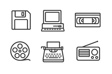 Retro Tech Icons. Outline icon set of legacy technology: floppy disk, old computer, VHS tape, film reel, typewriter, rotary phone,
