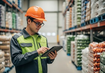 Warehouse Worker Using Tablet.