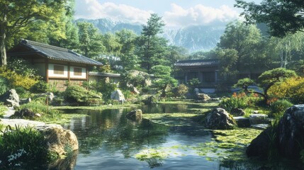 Fototapeta premium Serene Asian Garden Landscape: Tranquil Pond, Lush Greenery, Mountain Vista