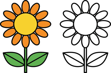 Simple cartoon sunflower with green leaves