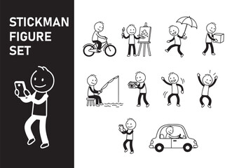 doodle stick figure set, Hand drawn stick man, Simple hand drawn stick figure family and people characters set, Vector line art illustration