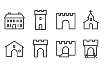 Fototapeta premium Barony Building Icons. Outline icon set of barony buildings: manor house, watchtower, fortified wall, chapel, stable, gatehouse,