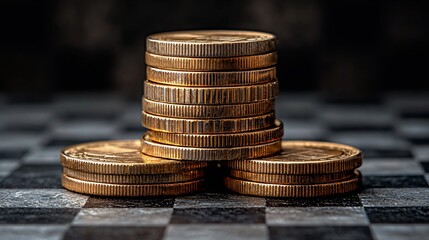 Stacks of gold coins on a checkered board background