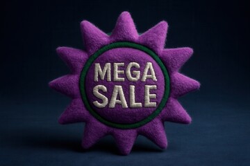Plush MEGA SALE promotional badge in vibrant purple, eye-catching retro style, ideal for an engaging retail discount offer.