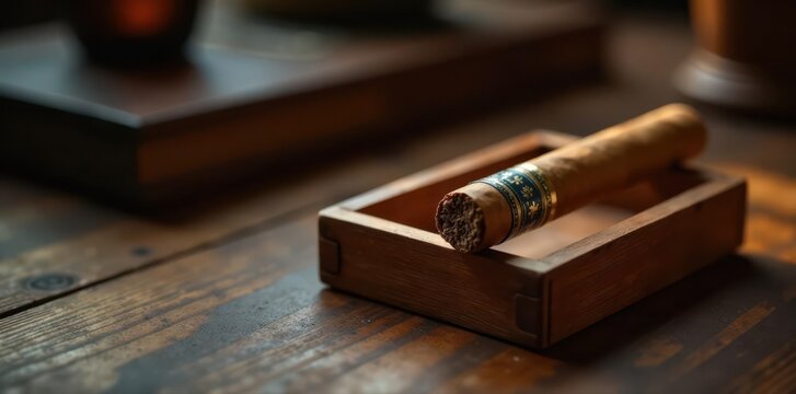 Elegant cigar resting on wooden desk, matchbox, ashtray , closeup, montecristo