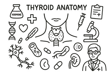 Thyroid Anatomy Doodles. Hand-drawn doodle illustration thyroid anatomy thyroid gland, neck, hormone vial, syringe, microscope,