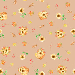Beautiful autumn pumpkins and sunflowers seamless pattern. Watercolor orange pumpkin, autumn composition, leaves and berries on a white background. Botanical Thanksgiving print