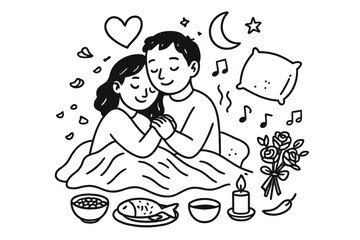 Romantic Doodle with Zambian Meal. Hand-drawn doodle illustration cozy romantic moment hugging couple, heart, closed eyes, gentle